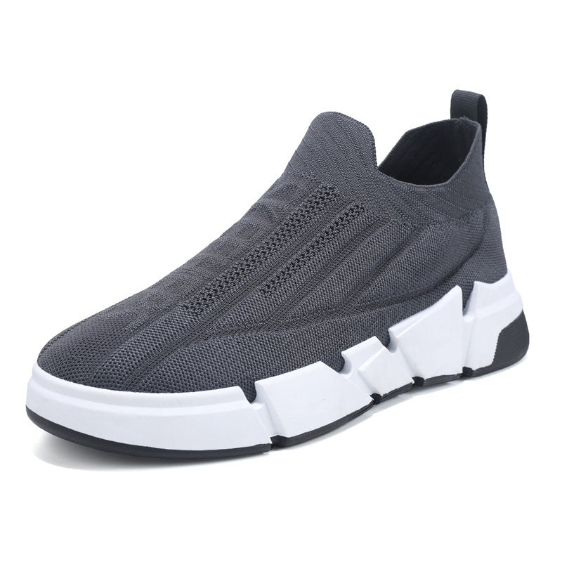 Spring Men's Casual Sports Shoes With Flyknit Mesh Upper And Sock Cuffs - Slip-on
