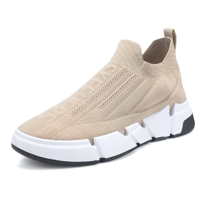 Spring Men's Casual Sports Shoes With Flyknit Mesh Upper And Sock Cuffs - Slip-on